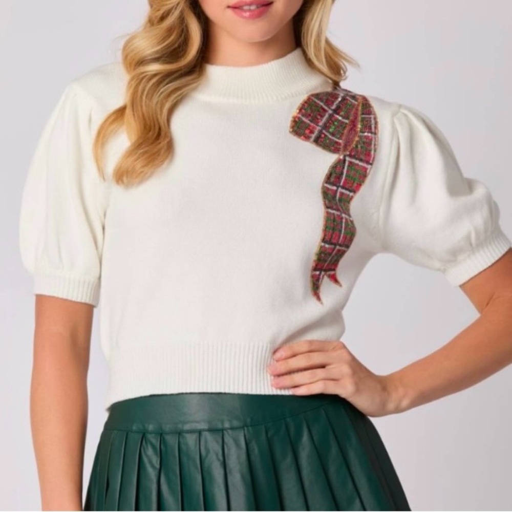SEQUIN HOLIDAY PLAID BOW SWEATER